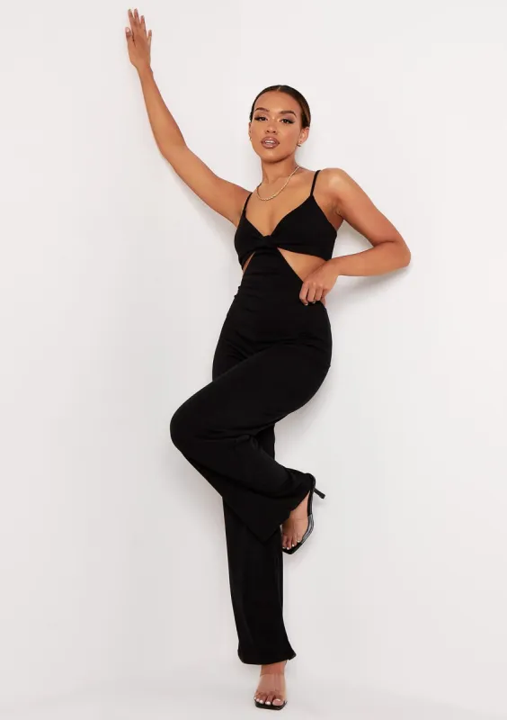 Keira Black Cut Out Thick Rib Strappy Wide Leg Jumpsuit sold by Missy Empire