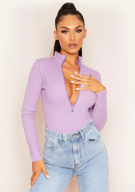 Tirsa Lilac Ribbed Zip Up Bodysuit sold by Missy Empire