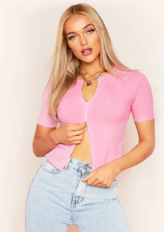 Darva Pink Double Zip Knitted Ribbed Top sold by Missy Empire