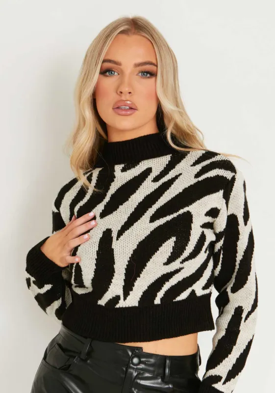 Polly Black And White Swirl Print High Neck Cropped Jumper sold by Missy Empire