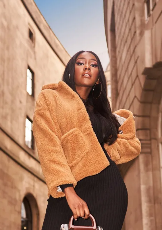 Krissy Brown Button Up Teddy Coat sold by Missy Empire