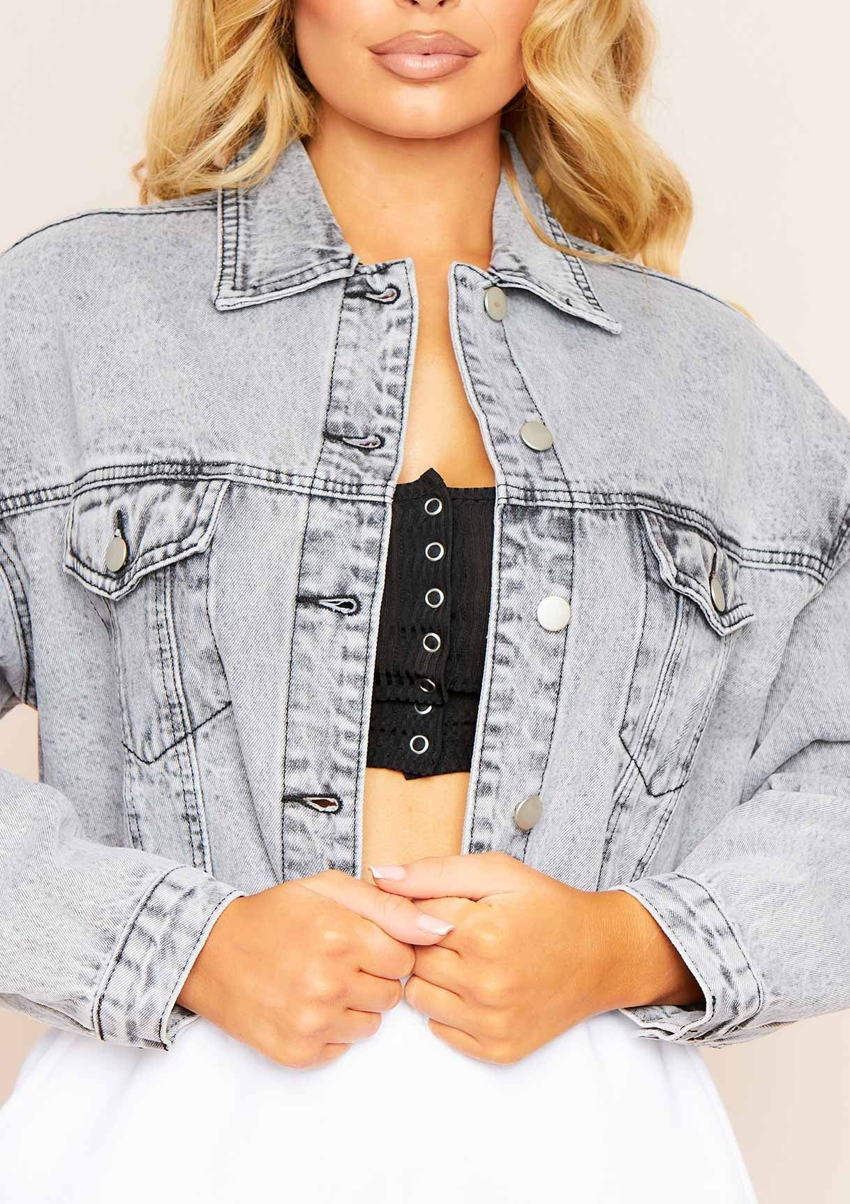 Deniz Washed Out Grey Cropped Raw Hem Denim Jacket sold by Missy Empire product image thumbnail 4
