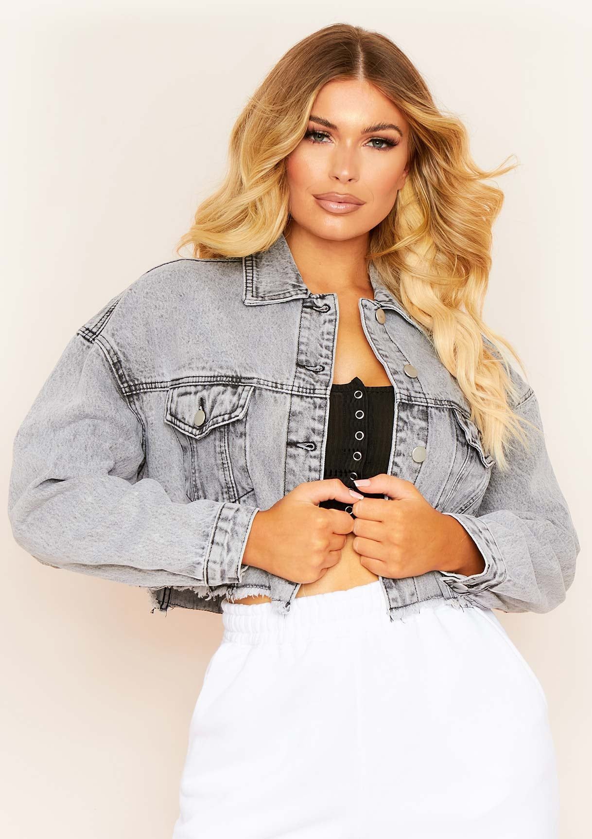 Deniz Washed Out Grey Cropped Raw Hem Denim Jacket sold by Missy Empire