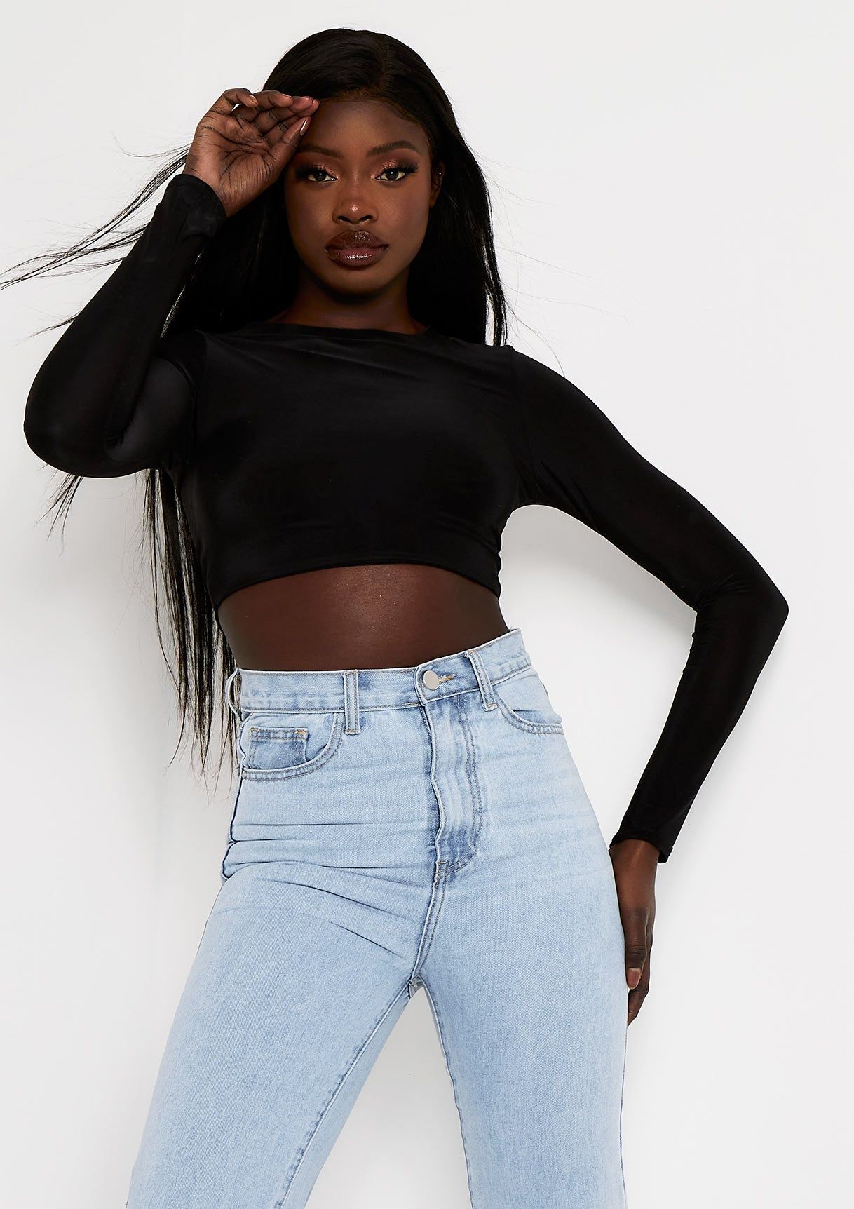 Anni Black Slinky Long Sleeve Crop Top sold by Missy Empire product image thumbnail 3