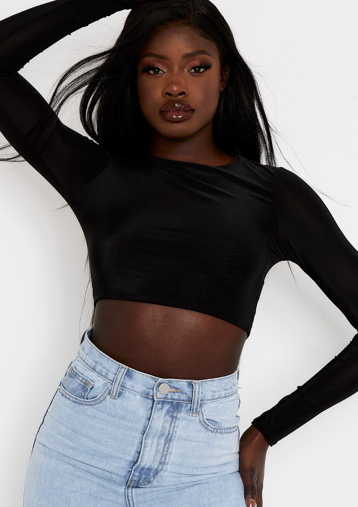 Anni Black Slinky Long Sleeve Crop Top sold by Missy Empire