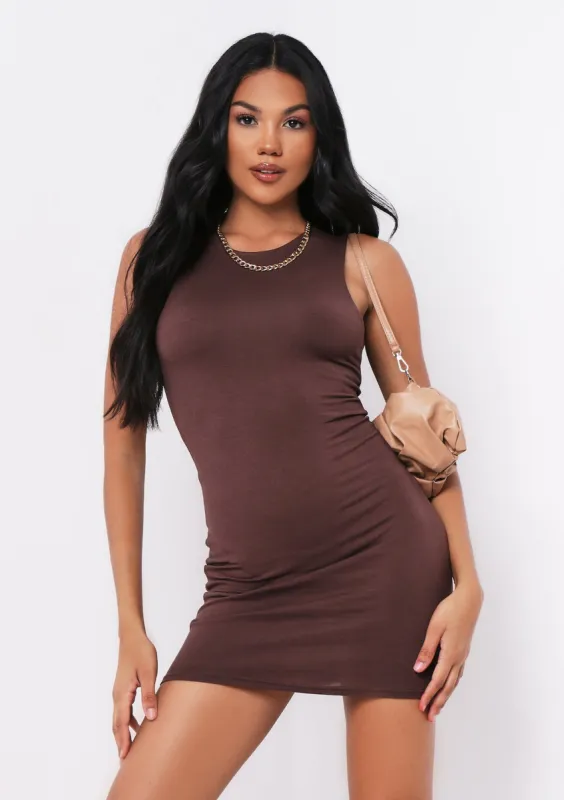 Sophia Chocolate Sleeveless Racer Mini Dress sold by Missy Empire