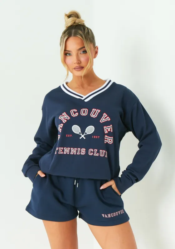 Lyla Navy Vancouver V Neck Sweatshirt sold by Missy Empire