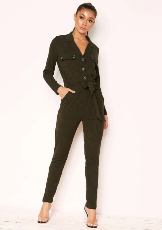 Jeanie Khaki Ribbed Button Utility Jumpsuit sold by Missy Empire