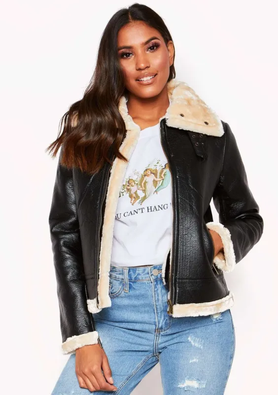 Black Cream Collar Faux Fur Aviator Jacket sold by Missy Empire