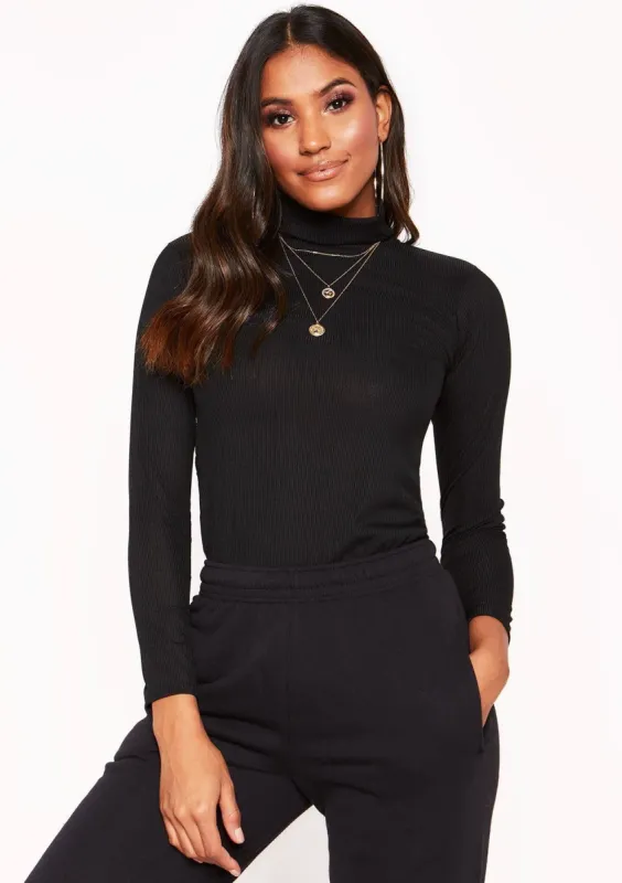 Black Ribbed Roll Neck Top sold by Missy Empire