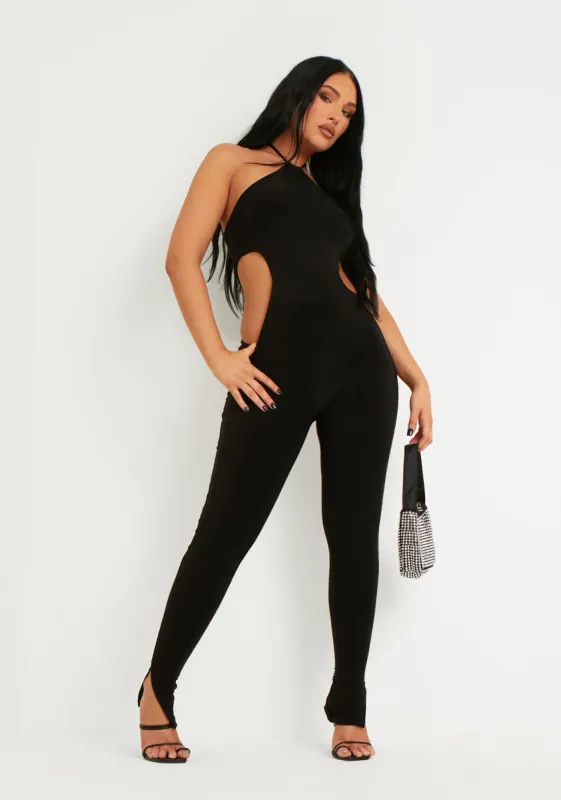 Laurie Black Halter Double Layer Slinky Cut Out Jumpsuit sold by Missy Empire