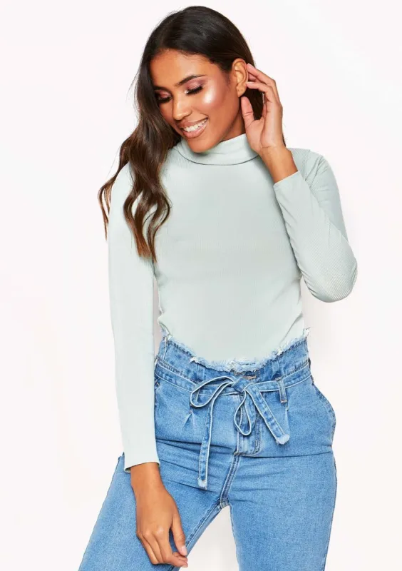 Mint Ribbed Roll Neck Top sold by Missy Empire