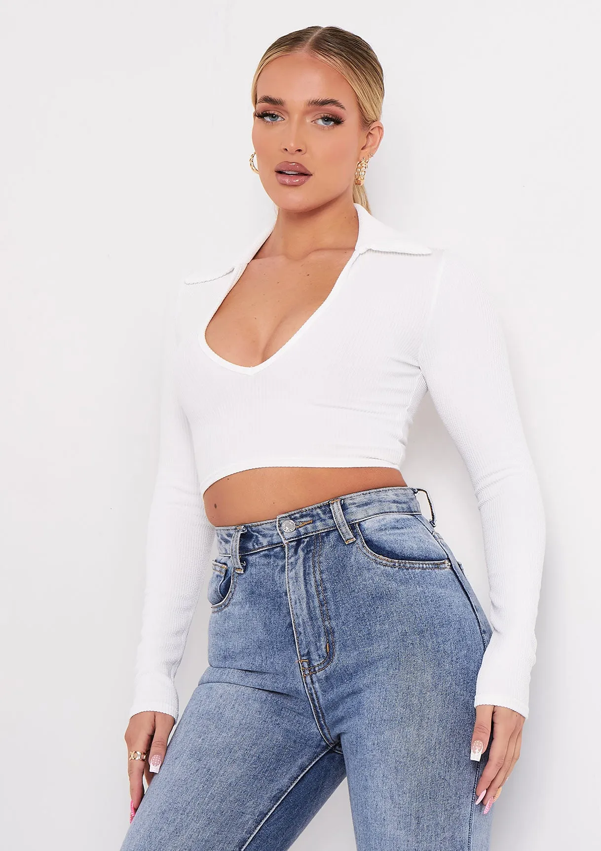 Leona Cream V Neck Collar Ribbed Crop Top sold by Missy Empire product image thumbnail 4