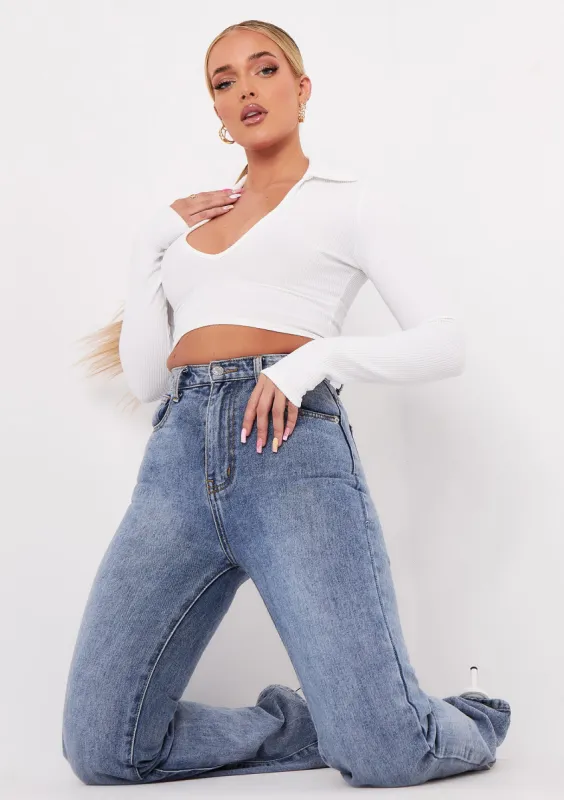 Leona Cream V Neck Collar Ribbed Crop Top sold by Missy Empire