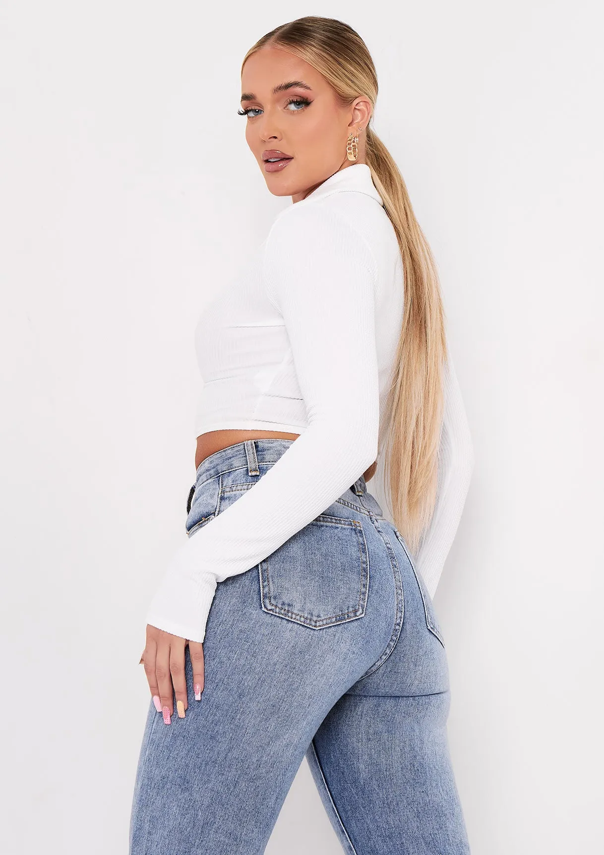 Leona Cream V Neck Collar Ribbed Crop Top sold by Missy Empire product image thumbnail 3