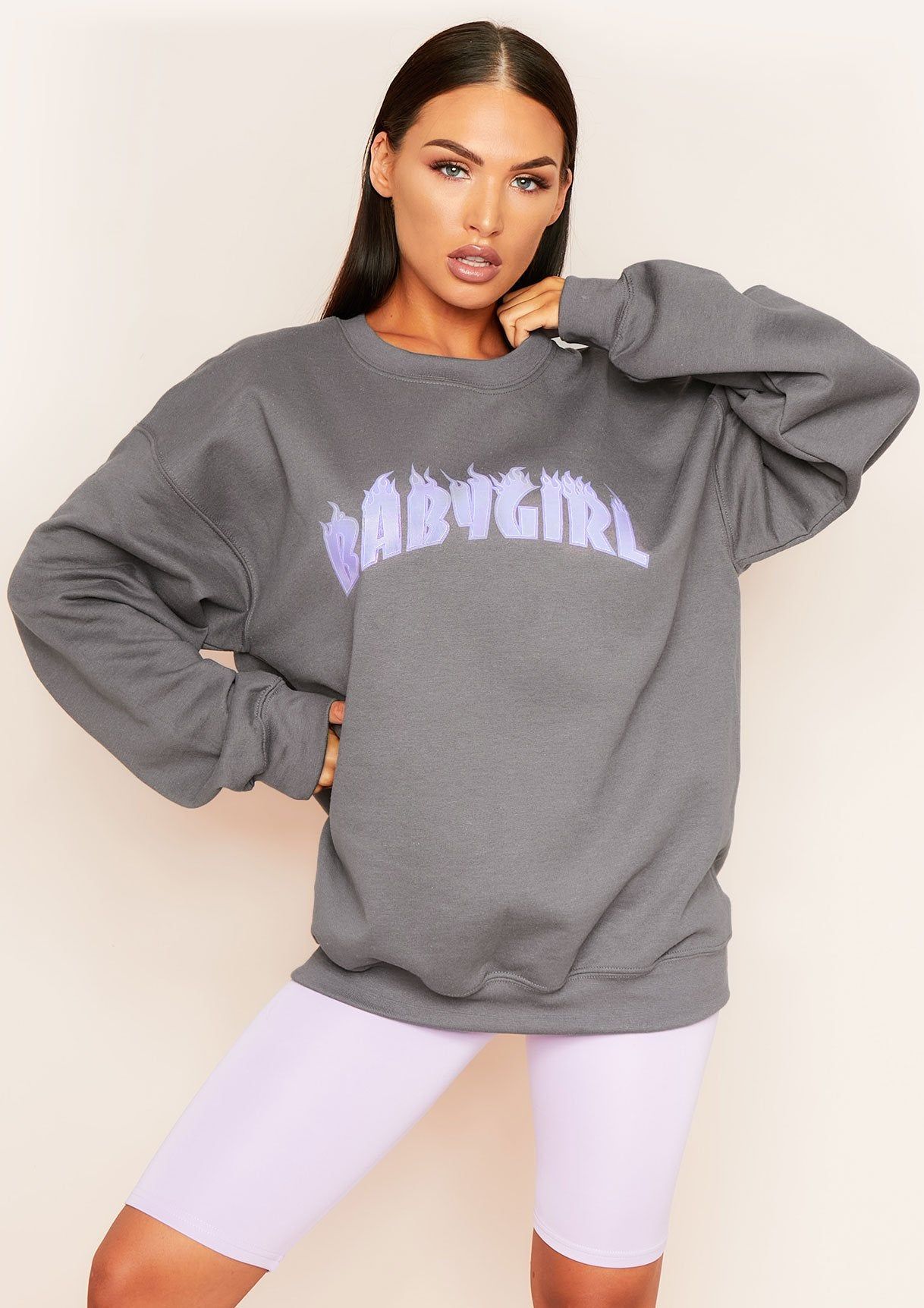 Sancia Charcoal Babygirl Slogan Oversized Sweatshirt sold by Missy Empire