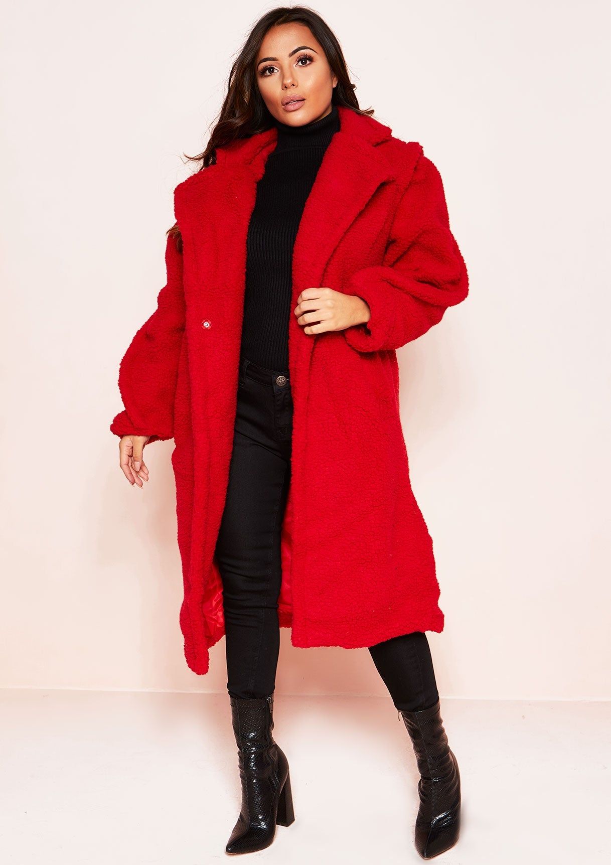 Han Red Teddy Borg Longline Coat sold by Missy Empire