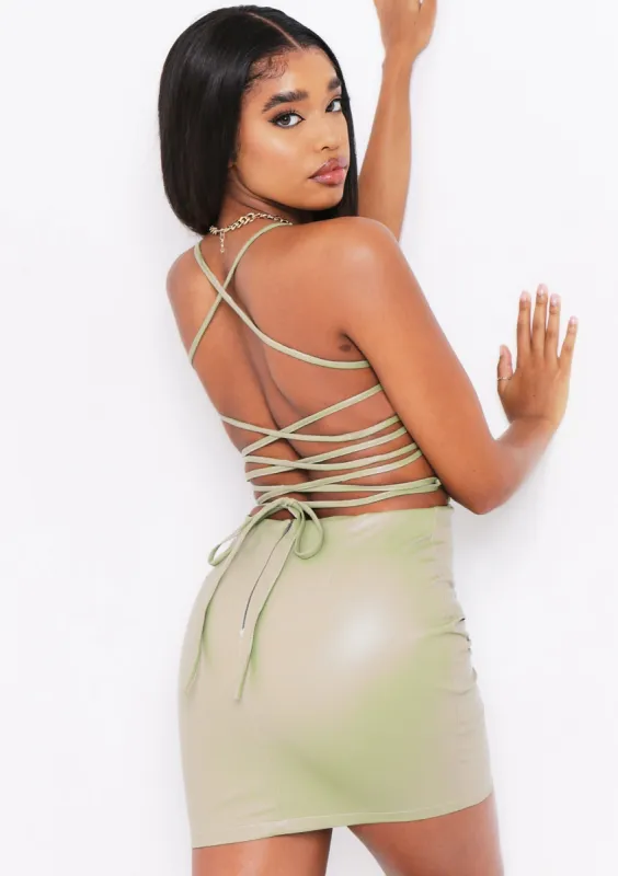 Estella Olive PU Lace Up Mini Dress sold by Missy Empire