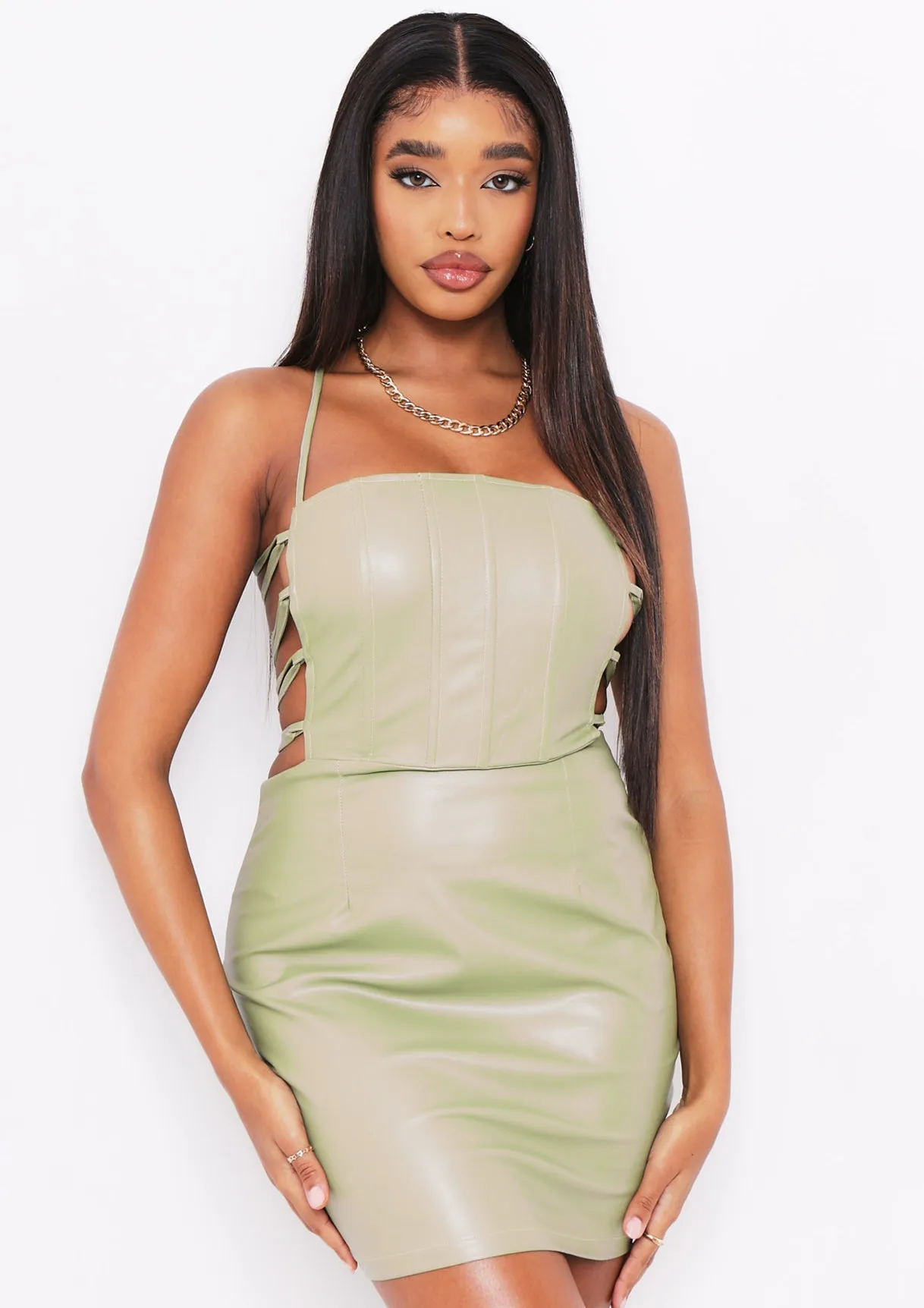 Estella Olive PU Lace Up Mini Dress sold by Missy Empire product image thumbnail 3
