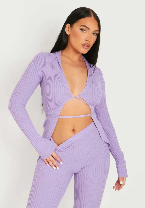 Samaya Purple Ribbed Knitted Tie Cardigan sold by Missy Empire