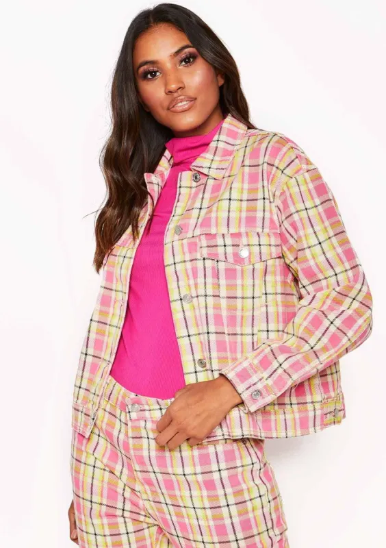 Pink Check Print Denim Jacket sold by Missy Empire