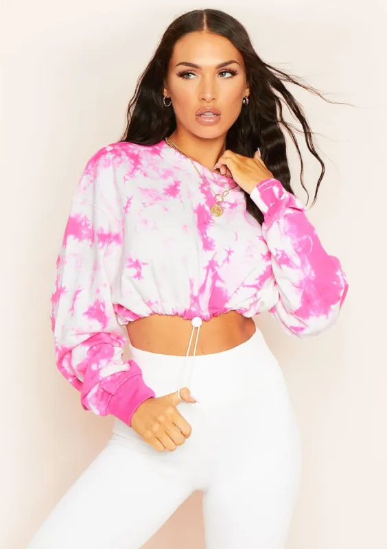 Namid Pink Tie Dye Drawstring Cropped Sweatshirt sold by Missy Empire