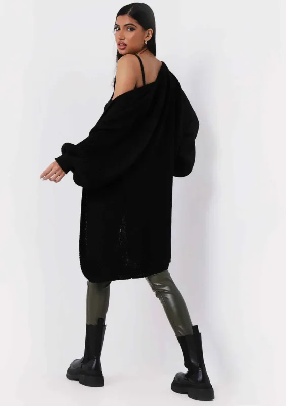 Jimena Black Balloon Sleeve Knitted Cardigan made by Missy Empire