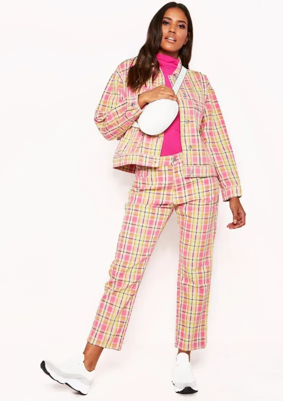 Pink Check Print Denim Jeans sold by Missy Empire