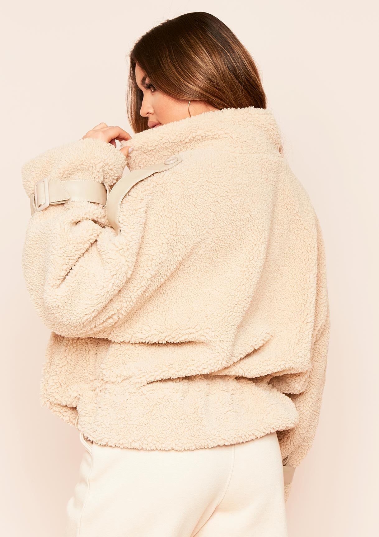 Stina Beige Oversized Borg Buckle Aviator Jacket sold by Missy Empire product image thumbnail 2