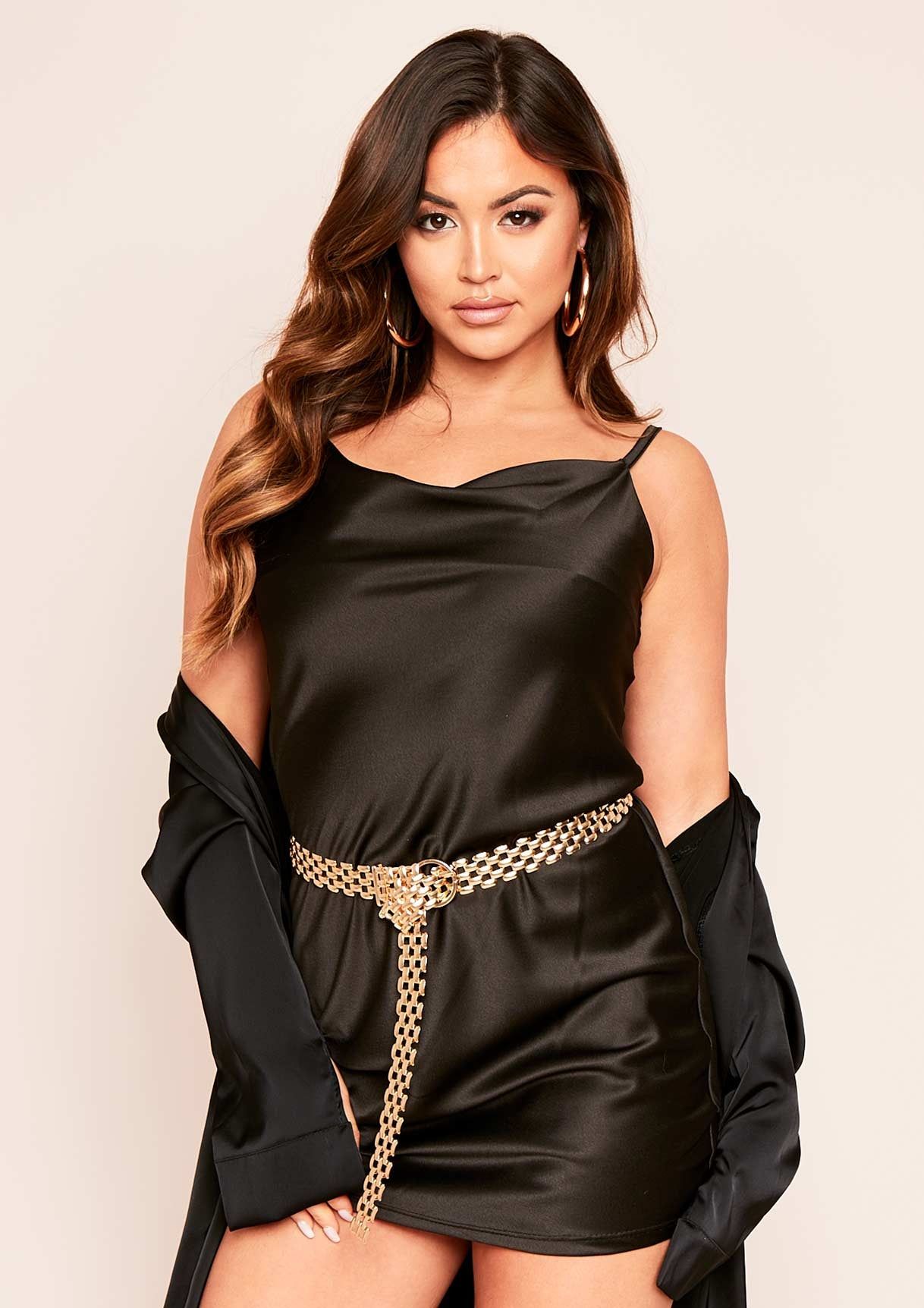 Eleanor Black Satin Cowl Neck Slip Dress sold by Missy Empire