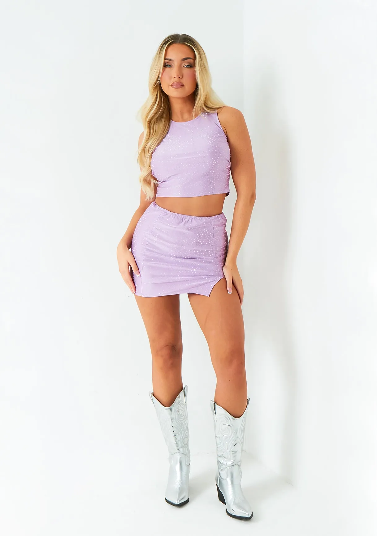 Amber Lilac Hot Fix Disco Mini Skirt sold by Missy Empire