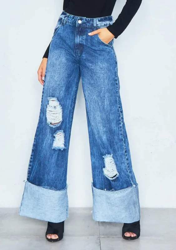 Martha Denim Wide Leg Distressed Turn Up Jeans sold by Missy Empire