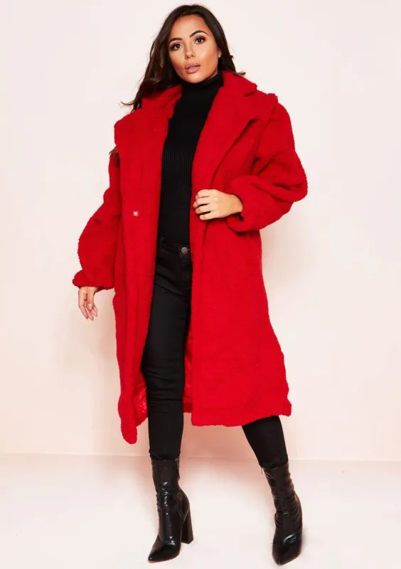 Han Red Teddy Borg Longline Coat made by Missy Empire