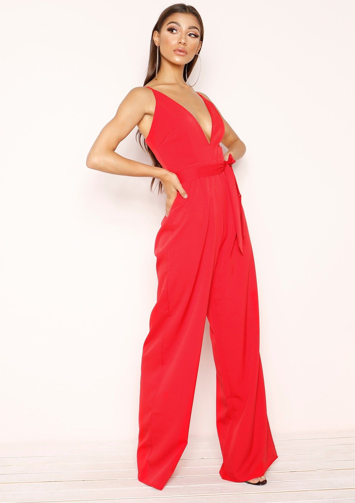 Alex Red Plunge Jumpsuit sold by Missy Empire