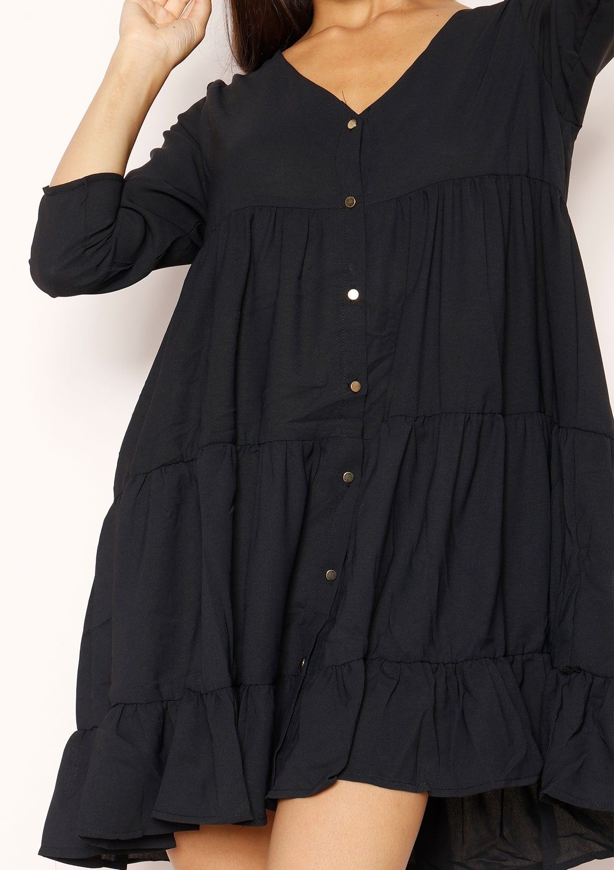 Heidi Black Button Frill Smock Dress sold by Missy Empire product image thumbnail 3