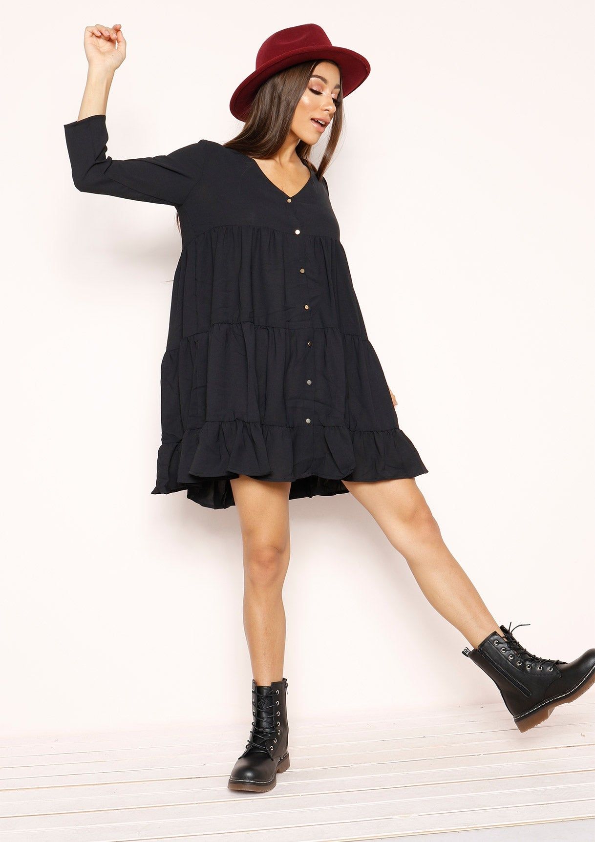Heidi Black Button Frill Smock Dress sold by Missy Empire product image thumbnail 2