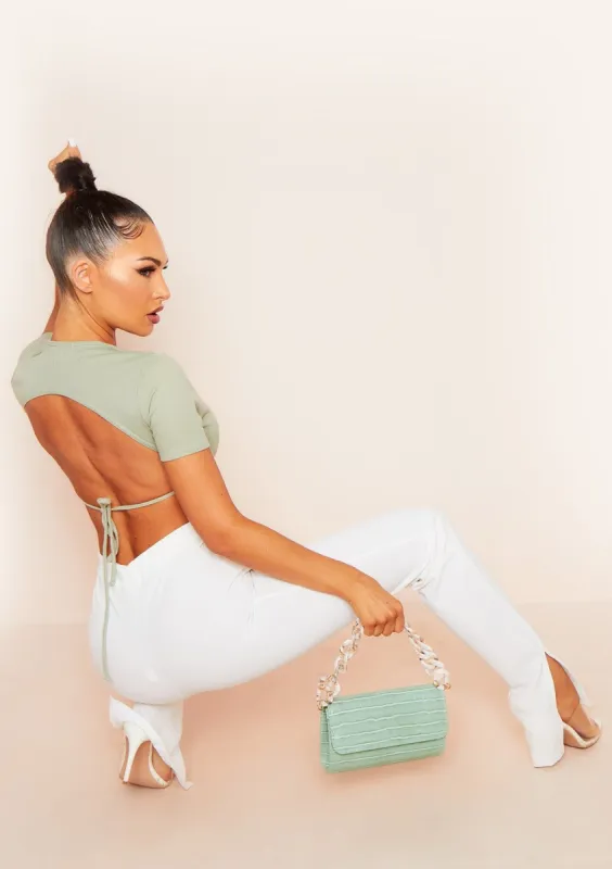 Mandy Sage Tie Back Cropped Ribbed T-Shirt sold by Missy Empire