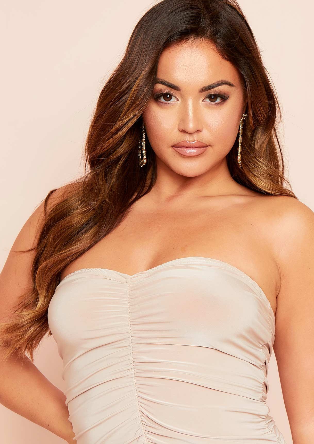 Lin Beige Bandeau Ruched Midi Dress sold by Missy Empire product image thumbnail 3