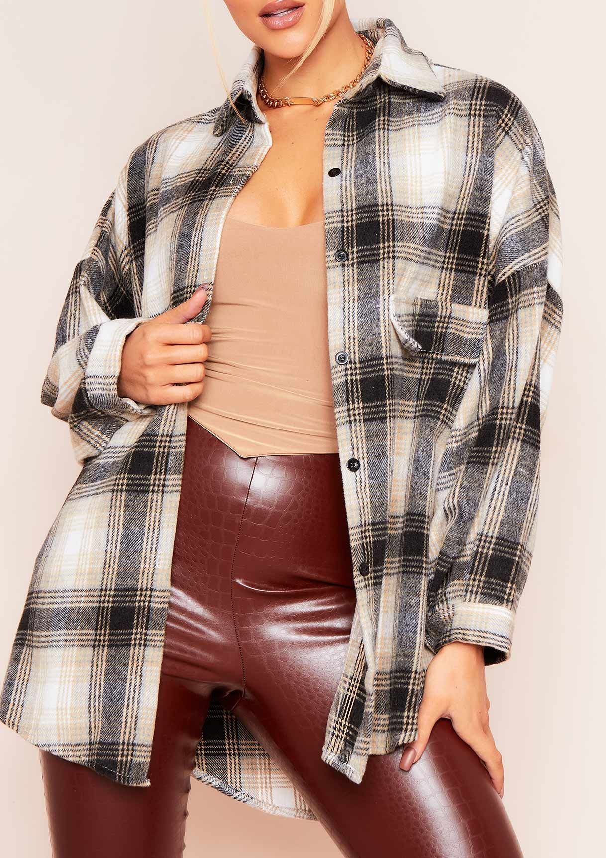 Saskia Beige Checked Oversized Shacket sold by Missy Empire product image thumbnail 3