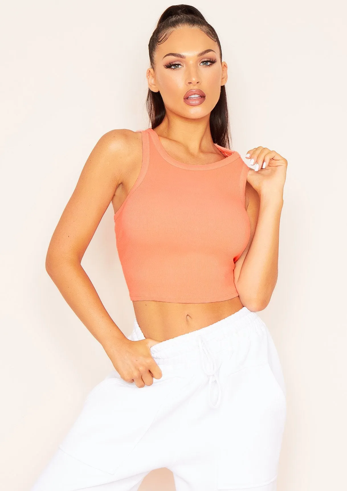 Naomi Peach Ribbed Racer Crop Top sold by Missy Empire