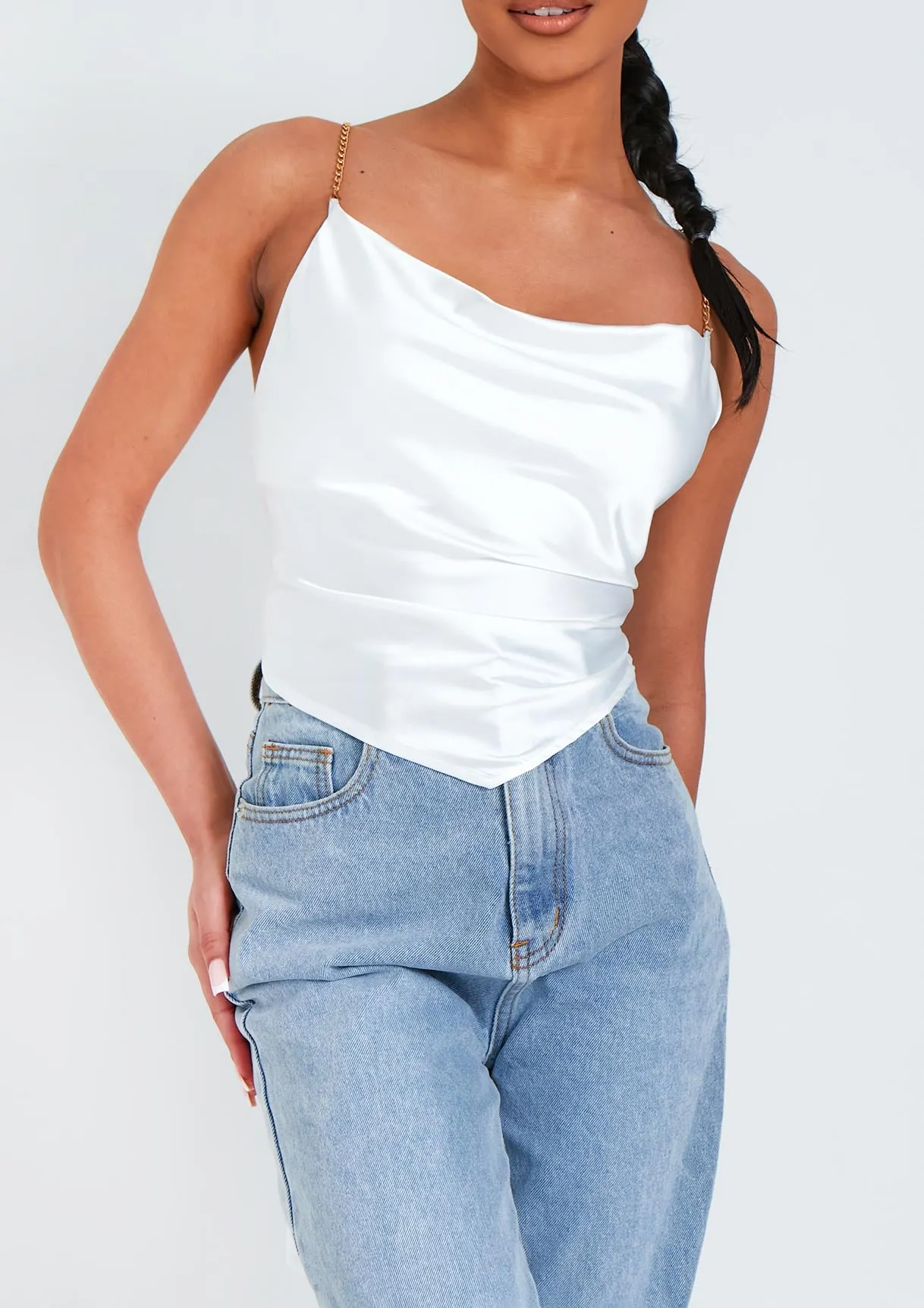Samiyah White Chain Strap Tie Back Cowl Satin Top sold by Missy Empire product image thumbnail 3