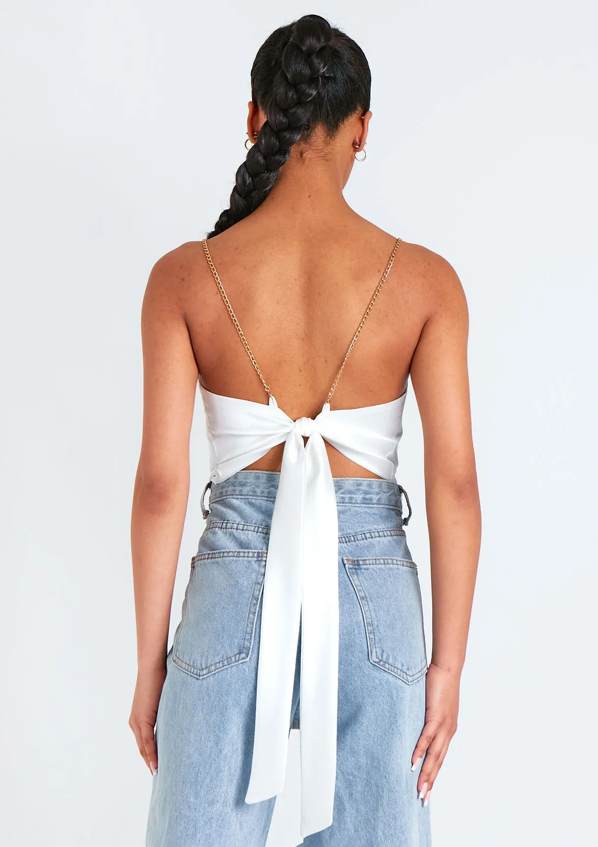 Samiyah White Chain Strap Tie Back Cowl Satin Top sold by Missy Empire product image thumbnail 5