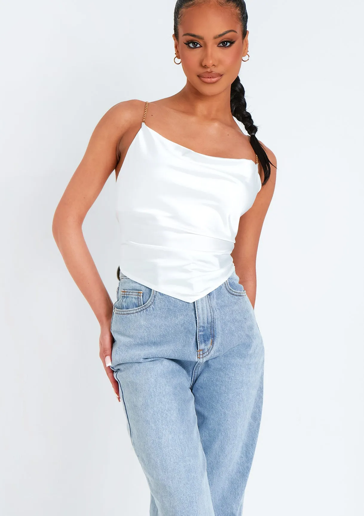 Samiyah White Chain Strap Tie Back Cowl Satin Top sold by Missy Empire