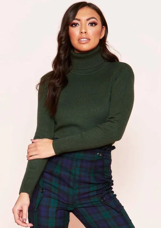 Tena Khaki Knit Ribbed Roll Neck Jumper sold by Missy Empire