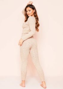 Adele Beige Cable Knit Crop Loungewear Set sold by Missy Empire