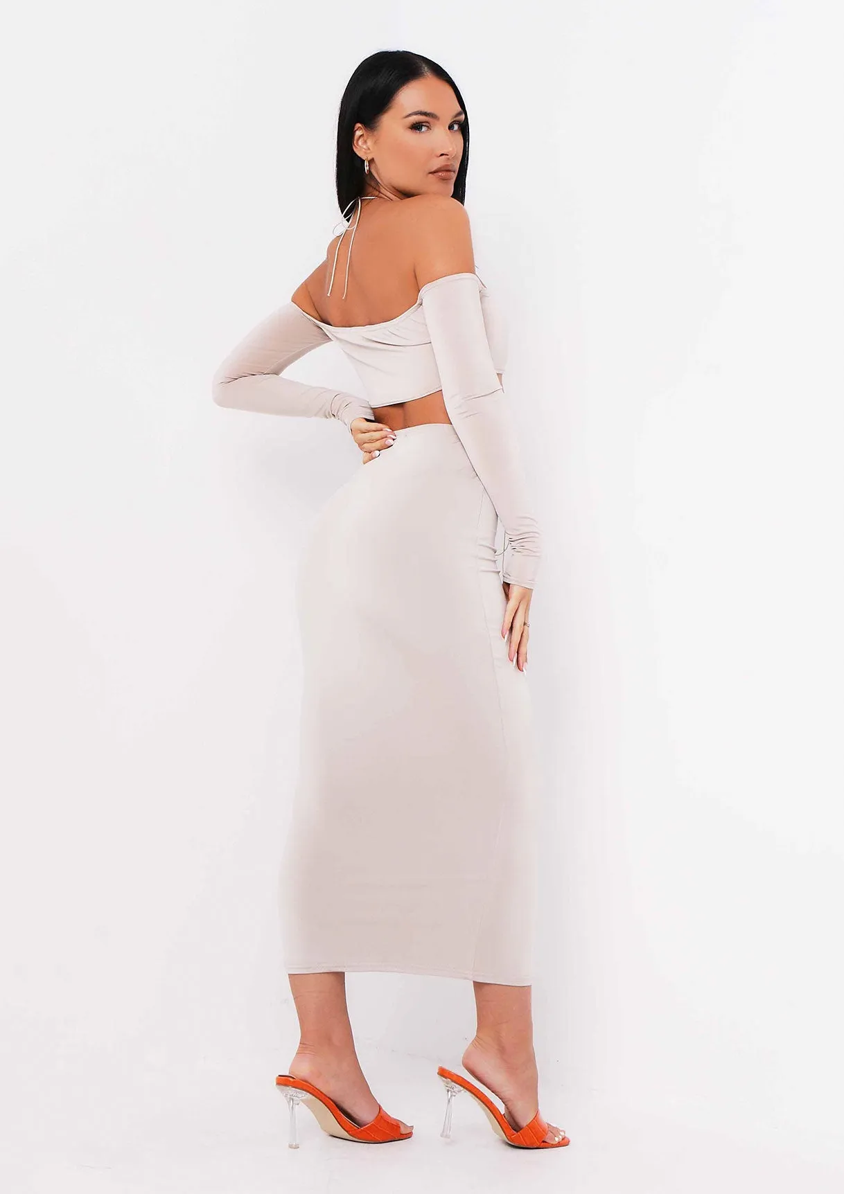 Aziza Sand Halterneck V Bar Cold Shoulder Crop Top sold by Missy Empire product image thumbnail 3