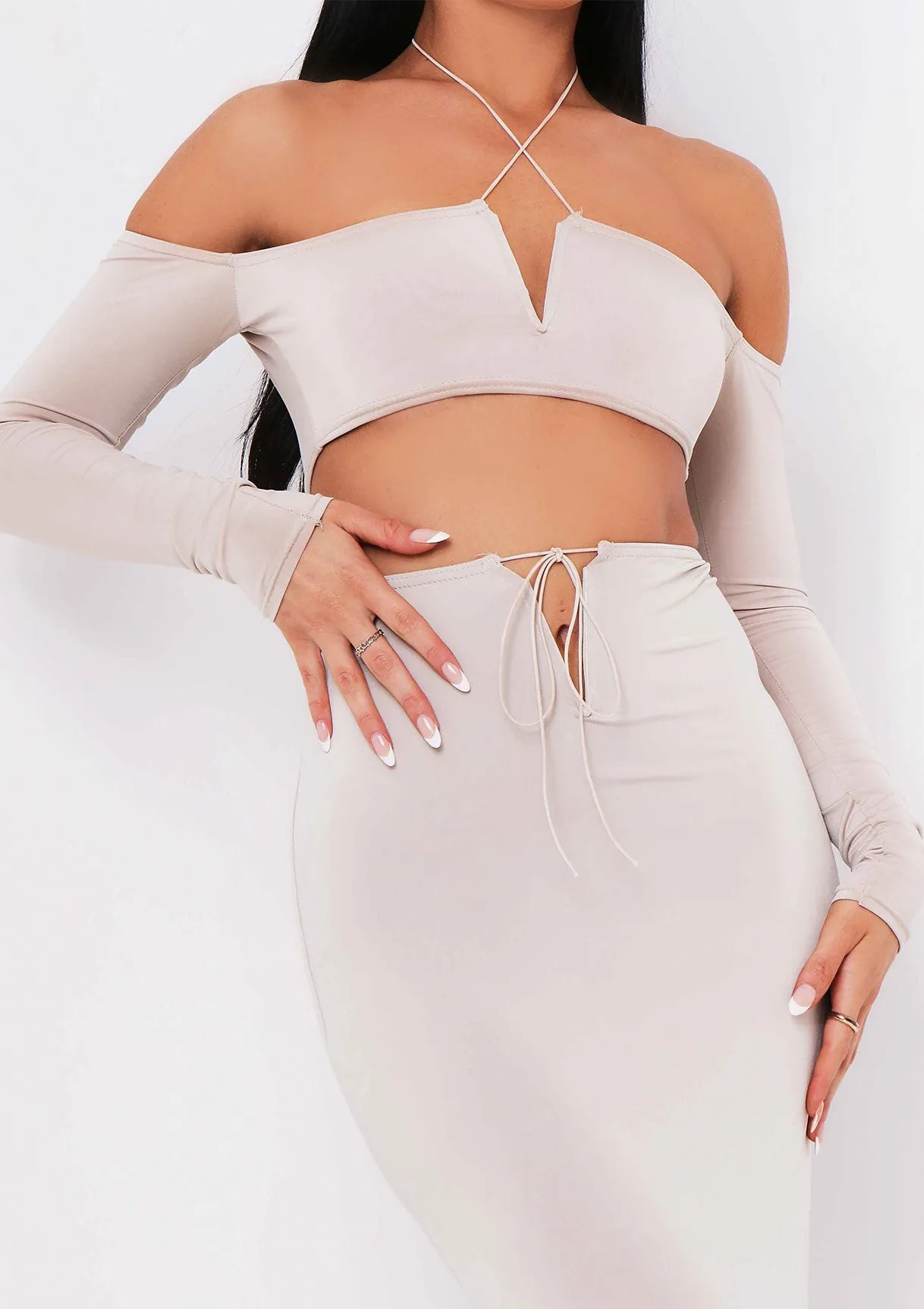Aziza Sand Halterneck V Bar Cold Shoulder Crop Top sold by Missy Empire product image thumbnail 4