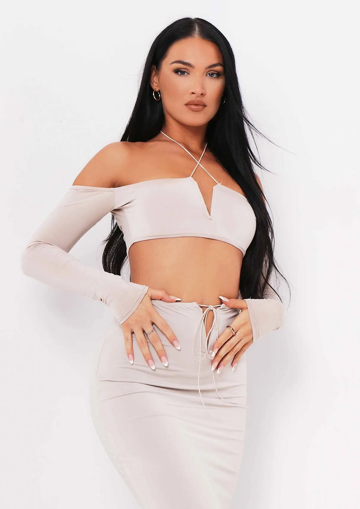 Aziza Sand Halterneck V Bar Cold Shoulder Crop Top sold by Missy Empire