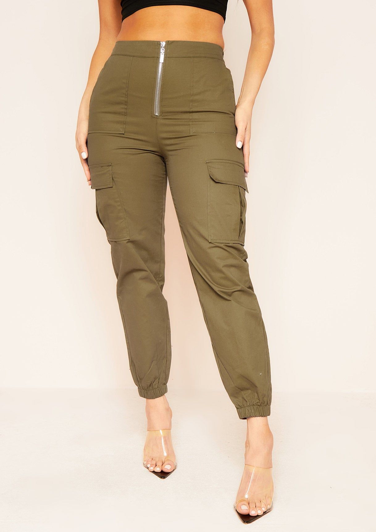 Vanina Khaki Green Cargo Pocket Trousers sold by Missy Empire