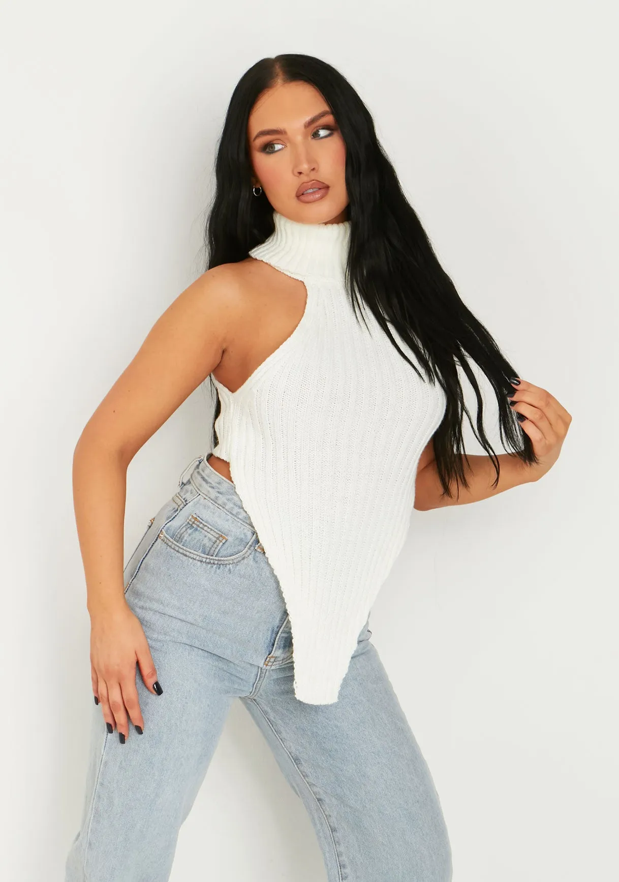 Gina Cream Roll Neck Knitted Drop Front Top sold by Missy Empire product image thumbnail 2